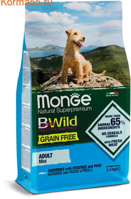 Сухой корм Monge Dog BWild GRAIN FREE Mini Adult Acciughe (анчоус, картофель и горох) (фото, вид 1)