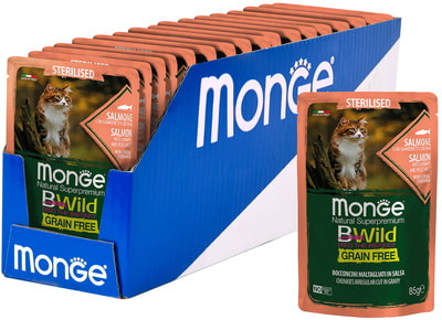Влажный корм Monge Cat BWild Grain Free для стерилизованных кошек (лосось с креветками и овощами) (фото, вид 1)