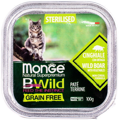 Влажный корм Monge BWild Cat Grain Free для стерилизованных кошек (кабан с овощами) (фото, вид 1)