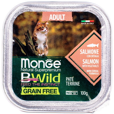 Влажный корм Monge BWild Cat Grain Free для стерилизованных кошек (лосось с овощами) (фото, вид 1)
