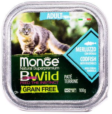 Влажный корм Monge BWild Cat Grain Free для стерилизованных кошек (треска и овощи) (фото, вид 1)