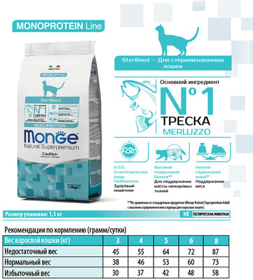 Сухой корм Monge Cat Monoprotein Sterilised Merluzzo (треска) (фото, вид 7)