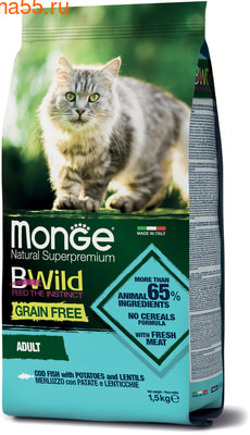 Сухой корм Monge Cat BWild GRAIN FREE Merluzzo (треска, картофель и чечевица) (фото, вид 1)