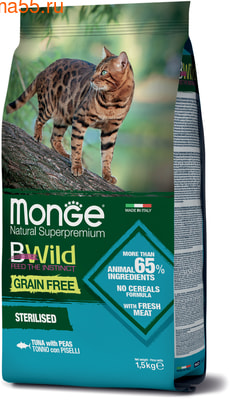 Сухой корм Monge Cat BWild GRAIN FREE Sterilised Tonno (тунец) (фото, вид 1)