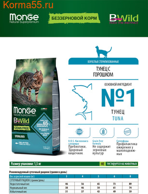 Сухой корм Monge Cat BWild GRAIN FREE Sterilised Tonno (тунец) (фото, вид 7)