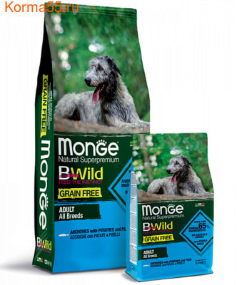 Сухой корм Monge Dog BWild GRAIN FREE All Breeds Adult Acciughe (анчоус, картофелем и горох) (фото)