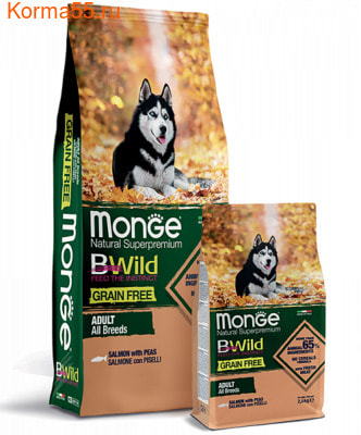 Сухой корм Monge Dog BWild GRAIN FREE All Breeds Adult Salmone (лосось и горох) (фото)