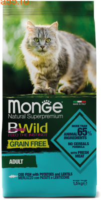 Сухой корм Monge Cat BWild GRAIN FREE Merluzzo (треска, картофель и чечевица) (фото)