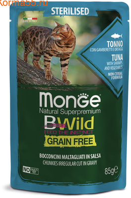 Влажный корм Monge Cat BWild Grain Free для стерилизованных кошек (тунец, креветки с овощами) (фото)