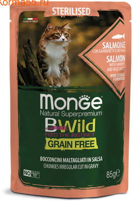 Влажный корм Monge Cat BWild Grain Free для стерилизованных кошек (лосось с креветками и овощами) (фото)